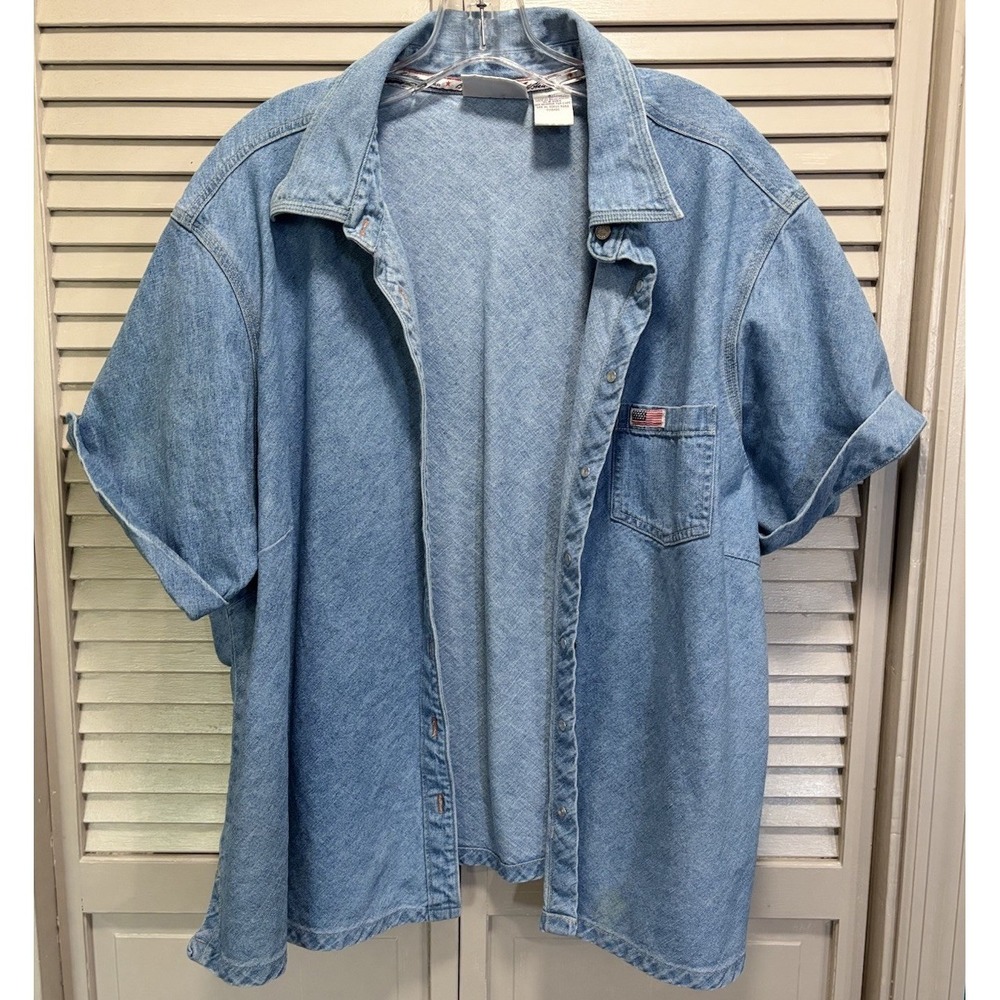 Vintage Bill Bass Blue Denim Short Sleeve Button Up Top Size 3X Pocket Cotton